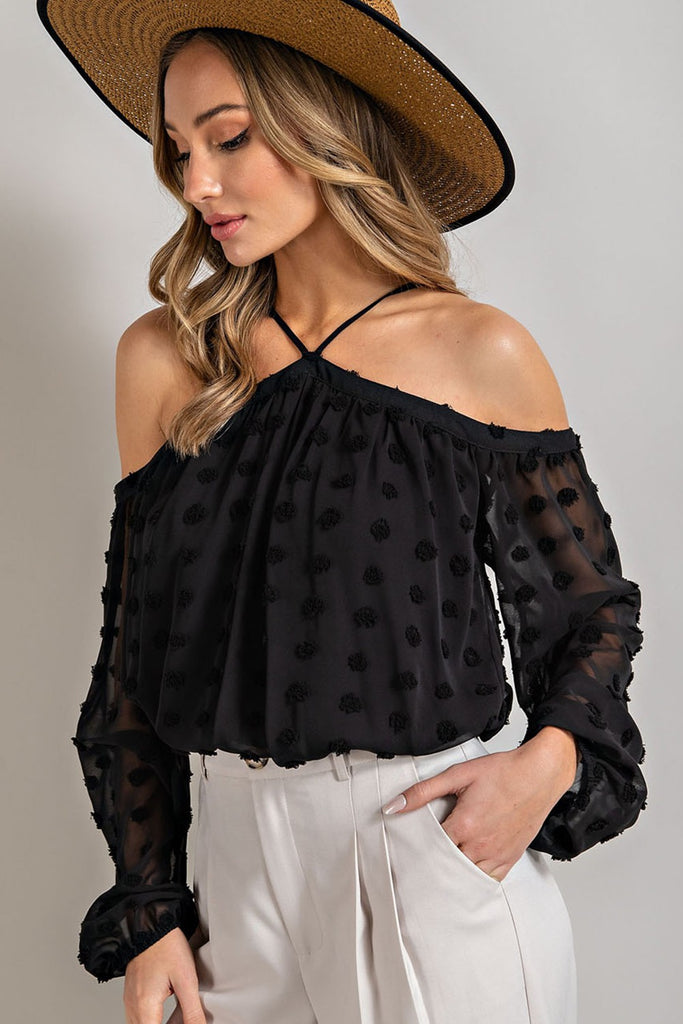 eesome Tufted Dot Off The Shoulder Top With Strap Detail In Black-Short Sleeves-ee:some-Deja Nu Boutique, Women's Fashion Boutique in Lampasas, Texas