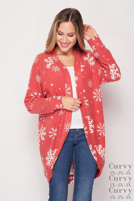 honeyme Red Snowflake Plus Cardigan-Curvy/Plus Outerwear-honeyme-Deja Nu Boutique, Women's Fashion Boutique in Lampasas, Texas
