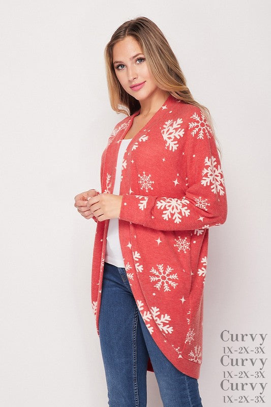 honeyme Red Snowflake Plus Cardigan-Curvy/Plus Outerwear-honeyme-Deja Nu Boutique, Women's Fashion Boutique in Lampasas, Texas