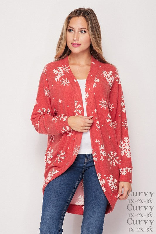 honeyme Red Snowflake Plus Cardigan-Curvy/Plus Outerwear-honeyme-Deja Nu Boutique, Women's Fashion Boutique in Lampasas, Texas