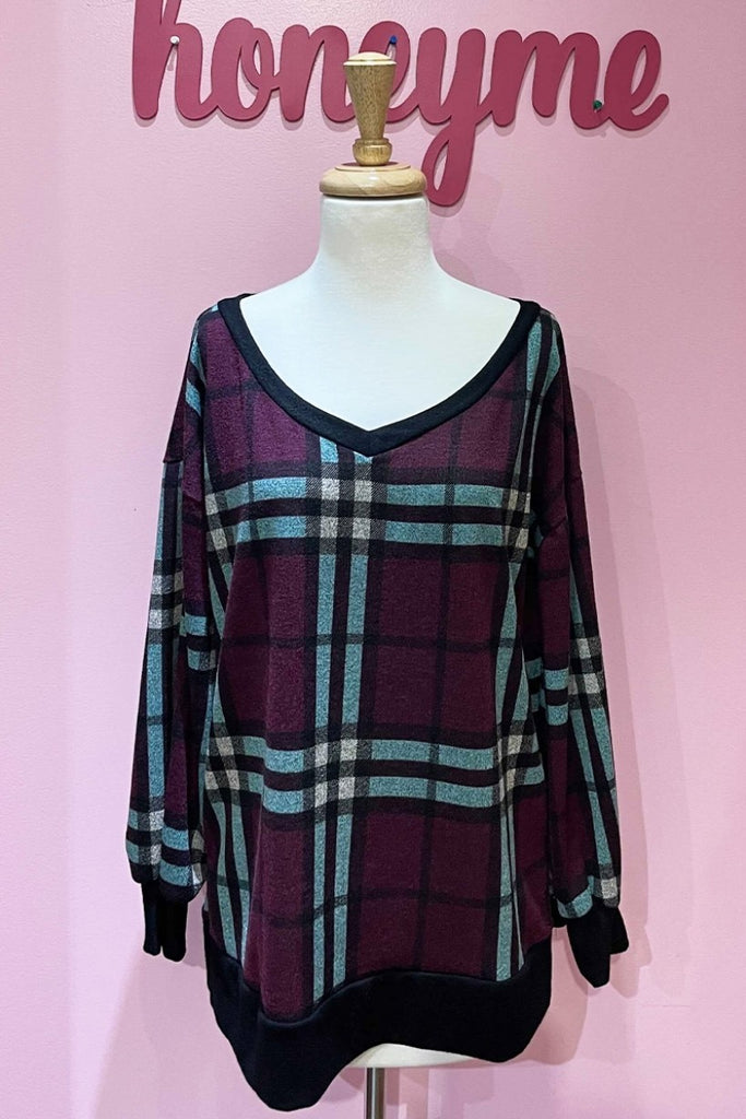 honeyme V Neck Plaid Sweater In Burgundy And Mint-Sweaters-honeyme-Deja Nu Boutique, Women's Fashion Boutique in Lampasas, Texas