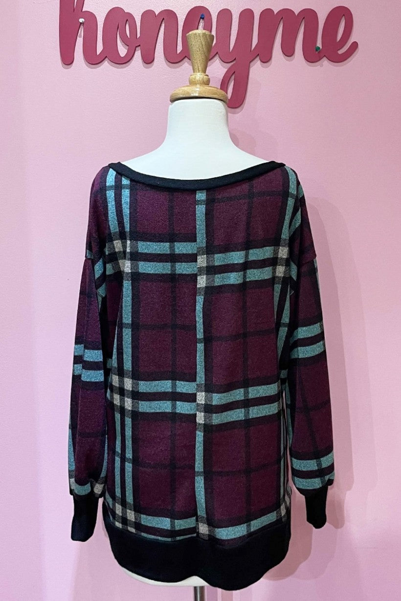 honeyme V Neck Plaid Sweater In Burgundy And Mint-Sweaters-honeyme-Deja Nu Boutique, Women's Fashion Boutique in Lampasas, Texas